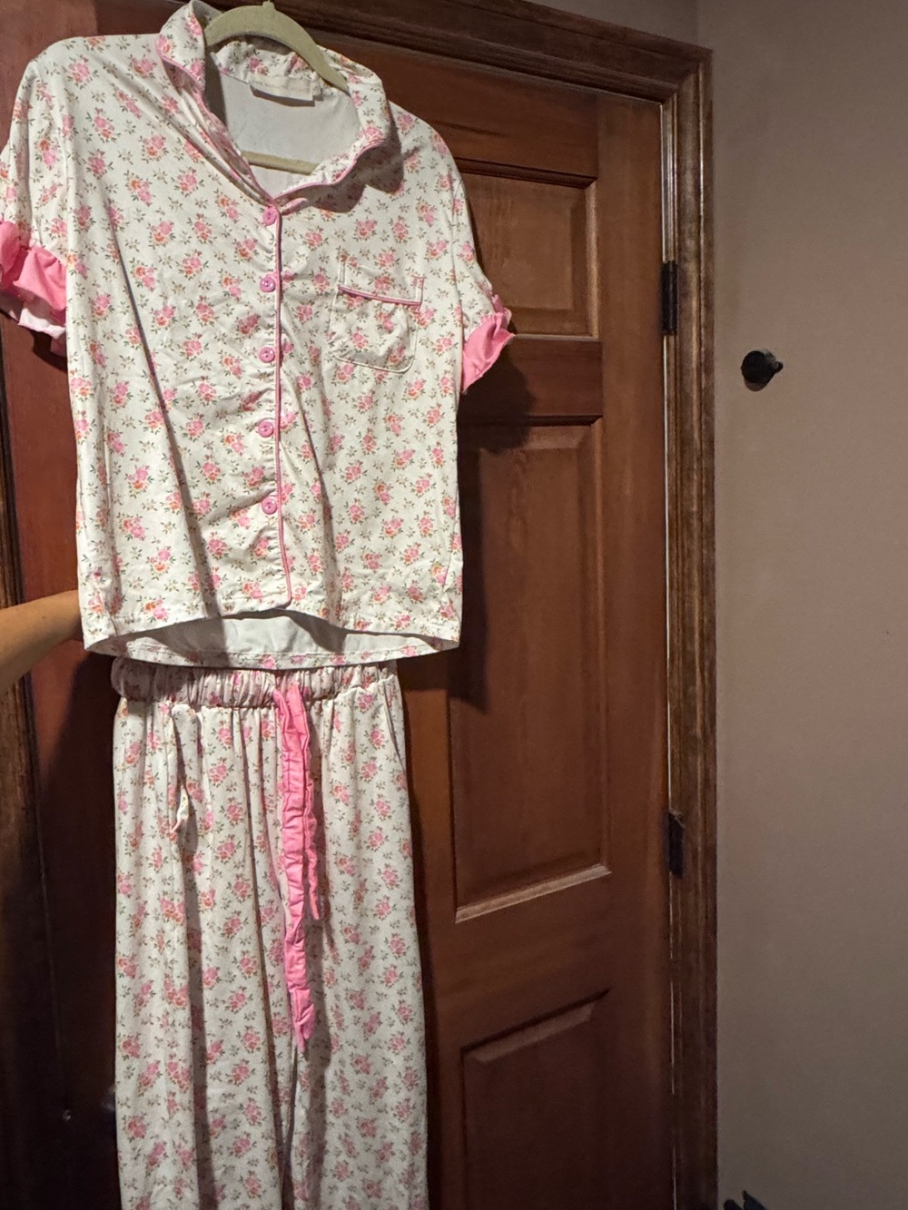 Floral Pink Short-Sleeve Pajama Set with Ruffle Trim